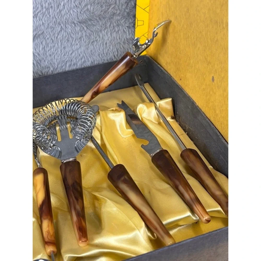 Vintage MCM Bar Tool Set USA Marked Faux Bakelite Marbled Handles Boxed 7-Piece